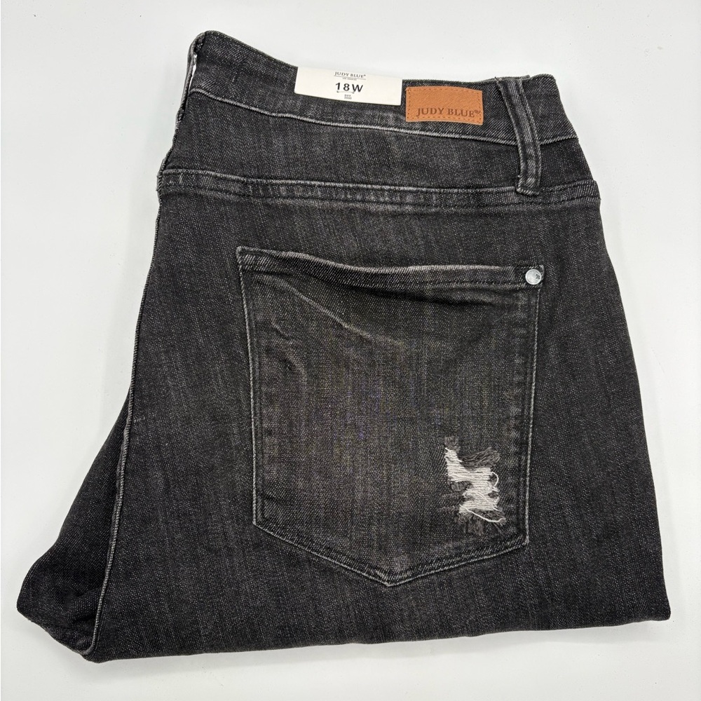 NWT Judy Blue Jeans Womens 18W Black Skinny Fit High Waist Distressed Button Fly